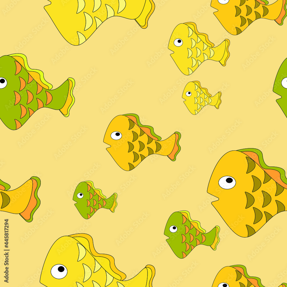 Naklejka premium Seamless pattern with painted colorful fishes. Can be used for wallpaper, textiles, packaging, cards, covers. Small colorful fish on a yellow background.