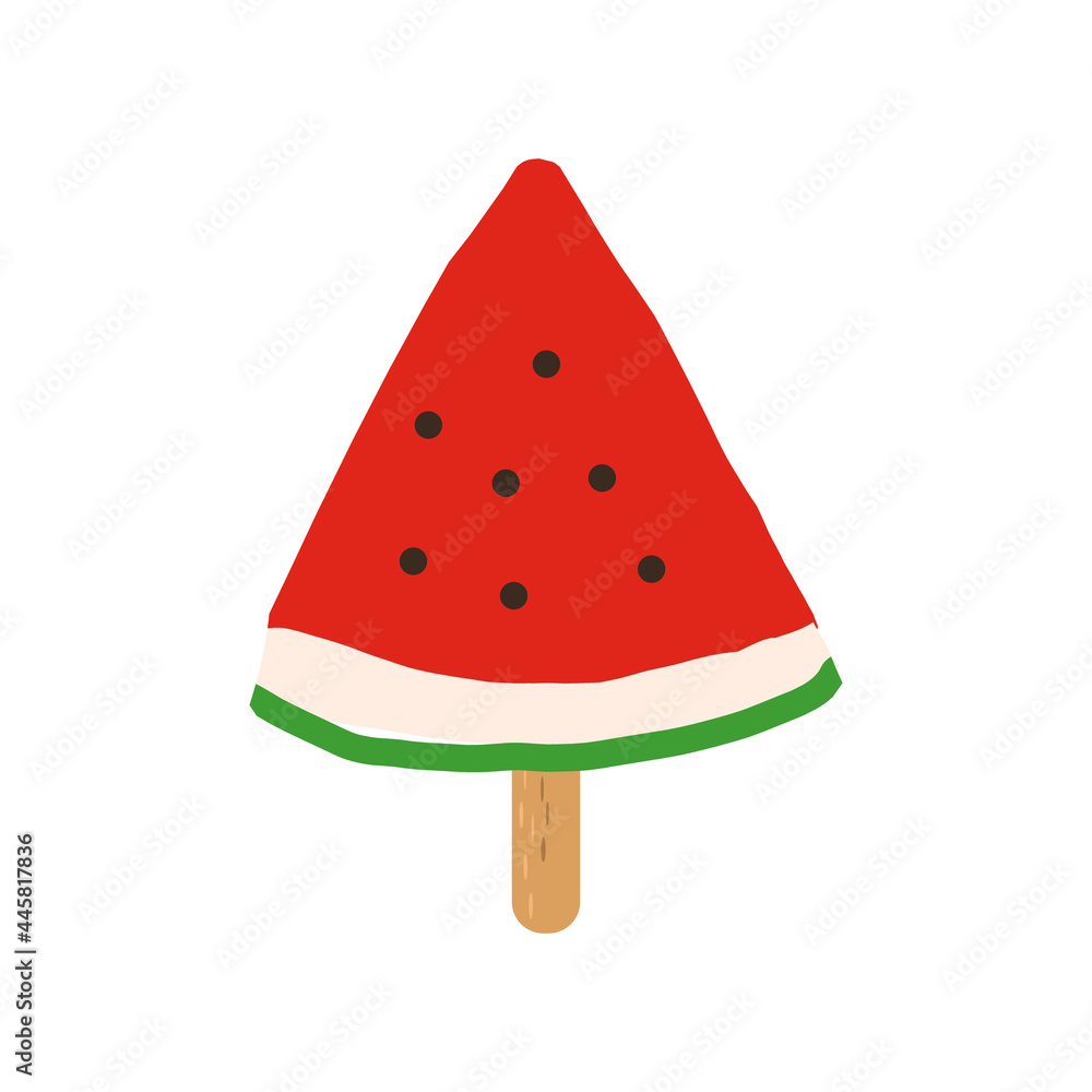 slice of watermelon on a stick vector icon, sticker. hand drawn. illustration. red juicy summer fruit. slice of watermelon on a stick vector icon, sticker. hand drawn. illustration. red juicy summer fruit.