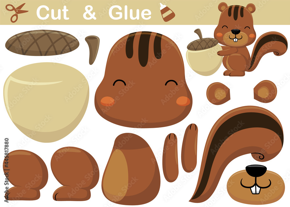 Cute squirrel with big nut. Education paper game for children. Cutout and gluing. Vector cartoon illustration Cute squirrel with big nut. Education paper game for children. Cutout and gluing. Vector cartoon illustration