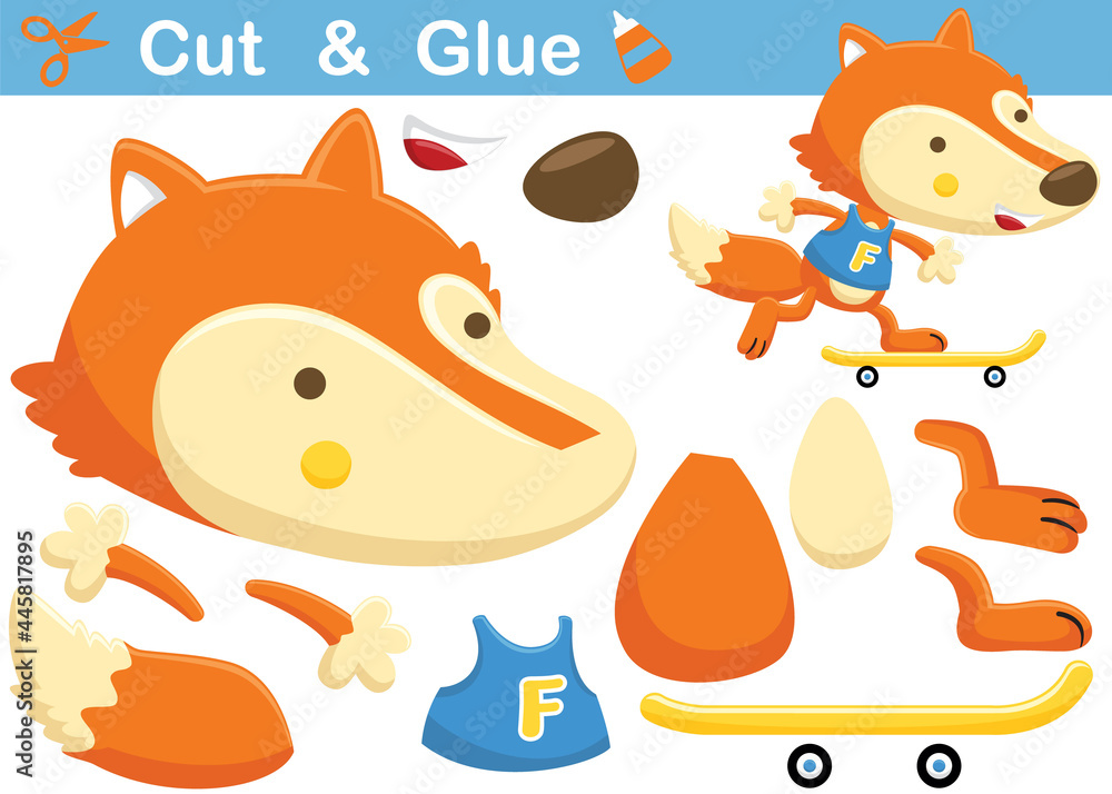 Fox playing skateboard. Education paper game for children. Cutout and gluing. Vector cartoon illustration Fox playing skateboard. Education paper game for children. Cutout and gluing. Vector cartoon illustration