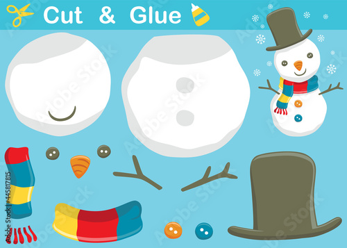 Funny snowman with snowflake. Education paper game for children. Cutout and gluing. Vector cartoon illustration
