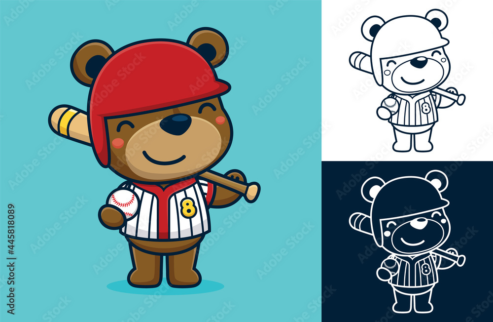 Funny bear wearing baseball uniform while holding baseball bat and ball. Vector cartoon illustration in flat icon style Funny bear wearing baseball uniform while holding baseball bat and ball. Vector cartoon illustration in flat icon style