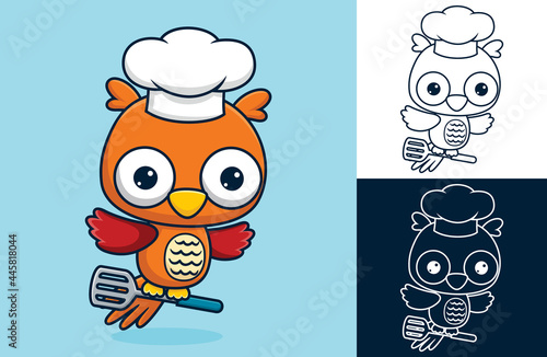 Flying owl wearing chef hat while carrying spatula in its feet. Vector cartoon illustration in flat icon style