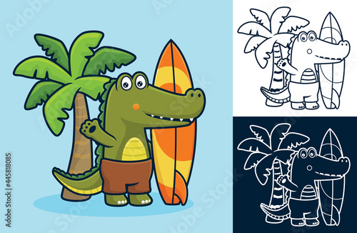 Crocodile standing while holding surfboard on coconut tree background. Vector cartoon illustration in flat icon style