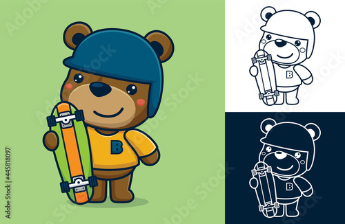 Funny bear standing wearing skater costume while holding skateboard. Vector cartoon illustration in flat icon style