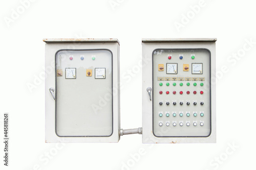 Outdoor Temporary electrical distribution electric small control box business, Main substation, Clipping path, Breaker and power button to distribute electricity supply. Isolated on white background.
