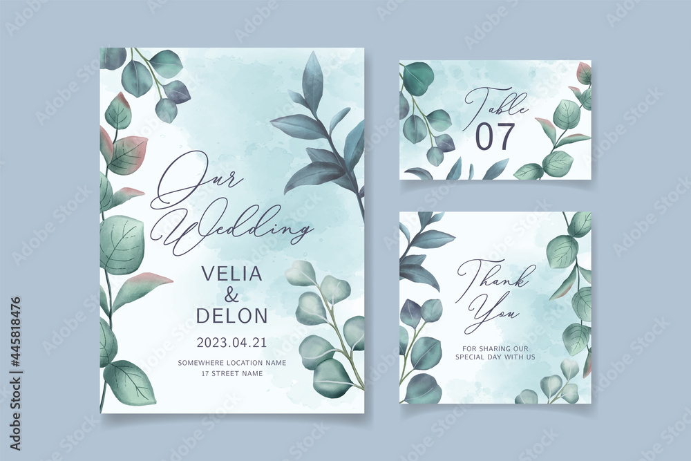 Beautiful watercolor leaves wedding card template