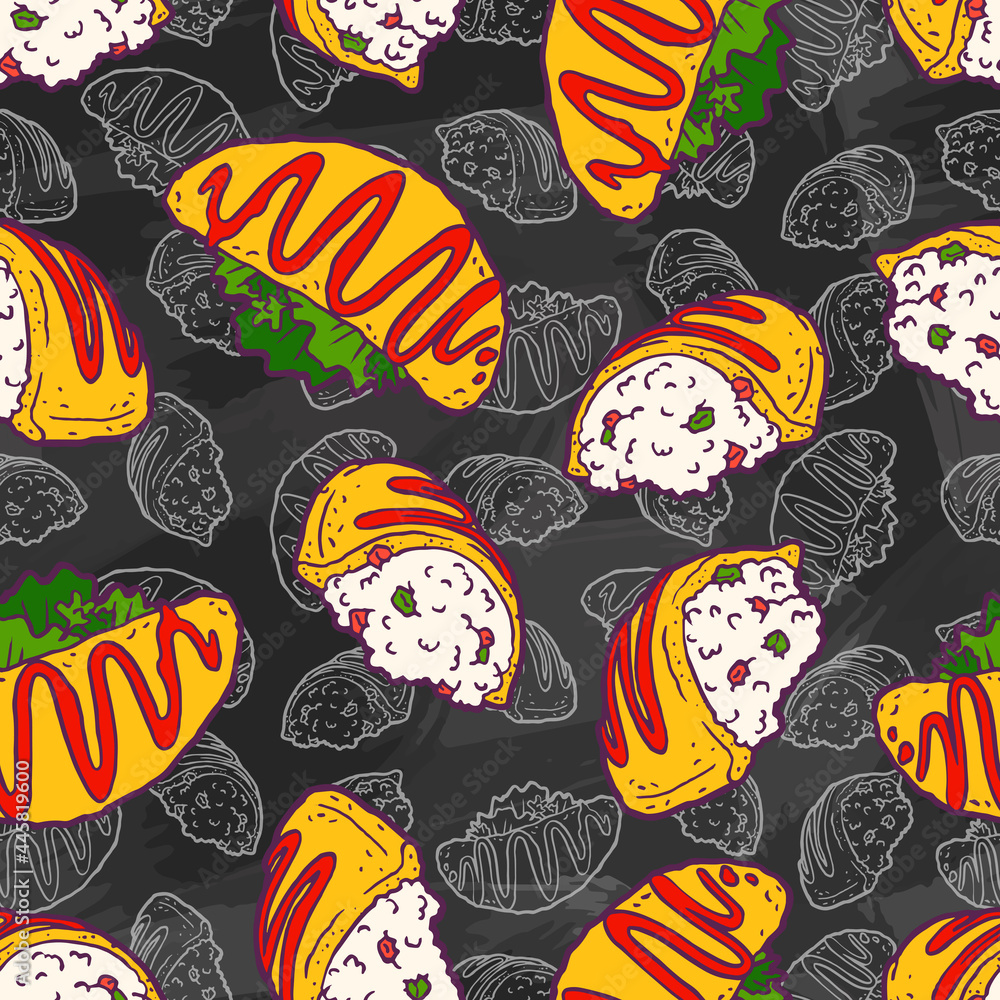 Omurice with ketchup. Scrambled eggs stuffed with fried rice. Japanese omlette. Traditional Asian Japanese bento dish. Vintage retro style. Seamless background with pattern. Omurice with ketchup. Scrambled eggs stuffed with fried rice. Japanese omlette. Traditional Asian Japanese bento dish. Vintage retro style. Seamless background with pattern.