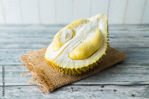 Peeled Durian on a wood table