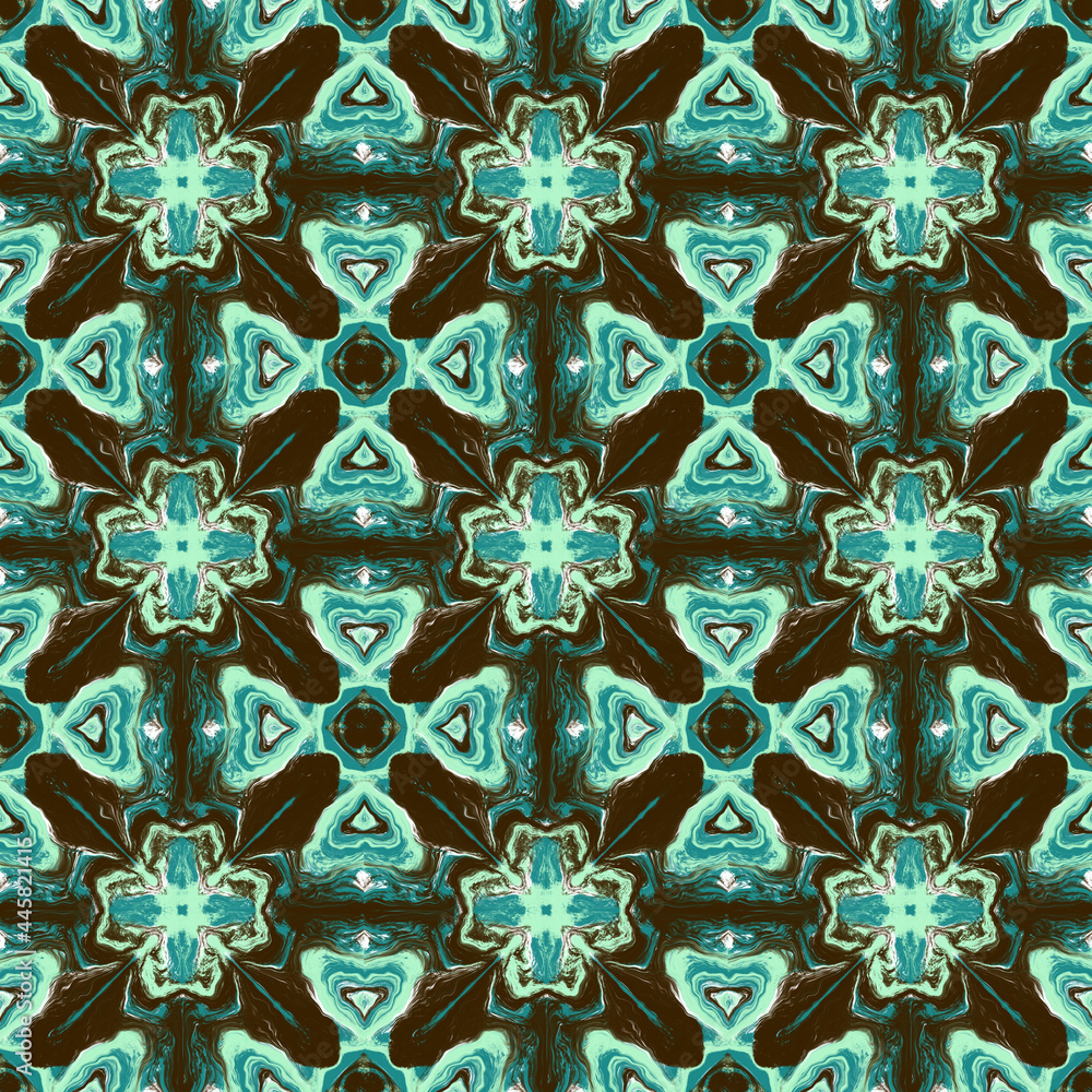 Fototapeta premium Abstract kaleidoscope background. Colorful seamless patterns. Geometric design elements. Repeat Tie Dye. Ethnic Persian Motif. Rainbow wallpaper, fabric, furniture print. Psychedelic style.
