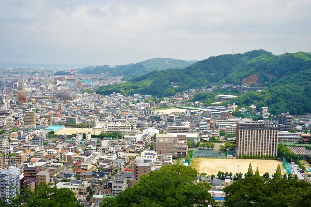 Aerial view of Matsuyama city from Matsuyama castle in Ehime, Japan - 日本 愛媛県 松山市 街並み	