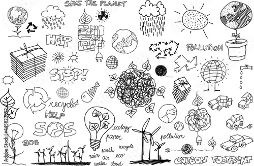many hand drawn sketches of topics regarding nature and environment and ecology and planet earth and weather and pollution and energy
