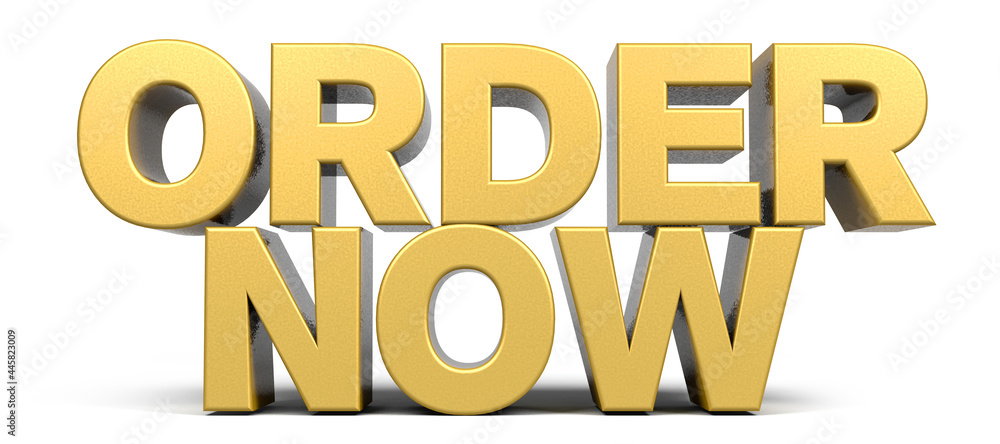 Order now word made from realistic gold isolated on white background. 3d illustration. Order now word made from realistic gold isolated on white background. 3d illustration.