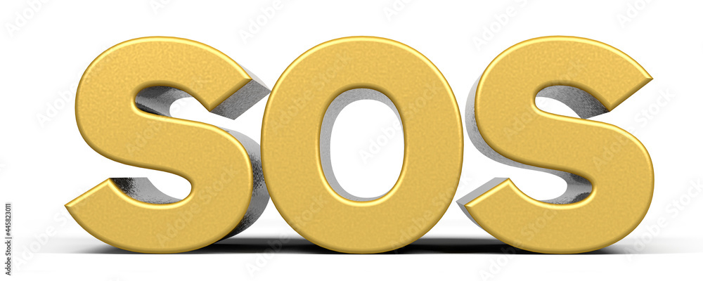 SOS word made from realistic gold isolated on white background. 3d illustration. SOS word made from realistic gold isolated on white background. 3d illustration.