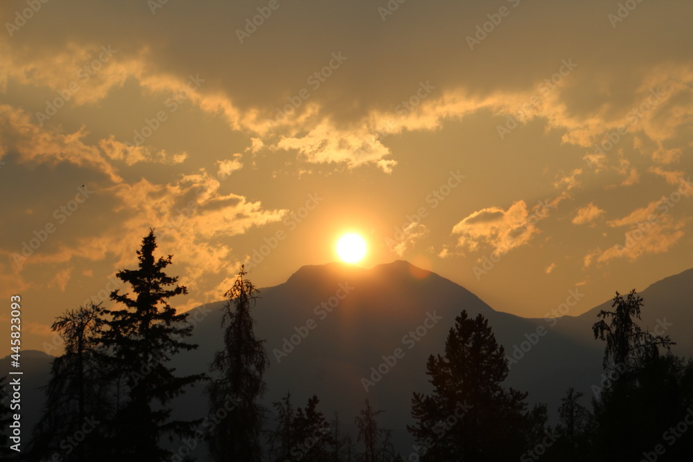 Setting Sun On Mountain, Jasper National Park, Alberta