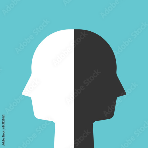 Head of white and black halves. Psychology, bipolar disorder, emotion, duality, ambivalence and personality concept. Flat design. EPS 8 vector illustration, no transparency, no gradients