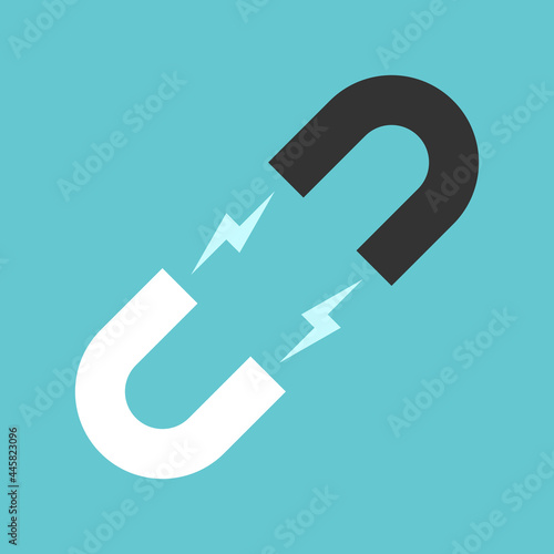 Opposite magnets attract or repel, white and black. Attraction, repulsion, codependence, relationship and physics concept. Flat design. EPS 8 vector illustration, no transparency, no gradients