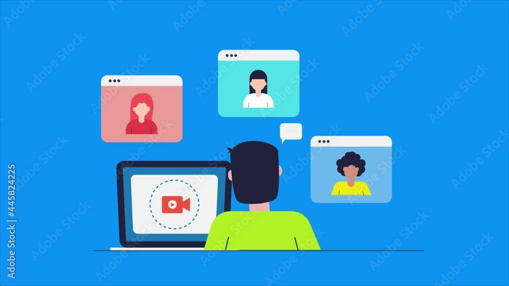Virtual office meeting with colleagues, online webinar, video conferencing meeting with co-workers, video call group discussion concept, 2d animation 4k video clip. Virtual office meeting with colleagues, online webinar, video conferencing meeting with co-workers, video call group discussion concept, 2d animation 4k video clip.