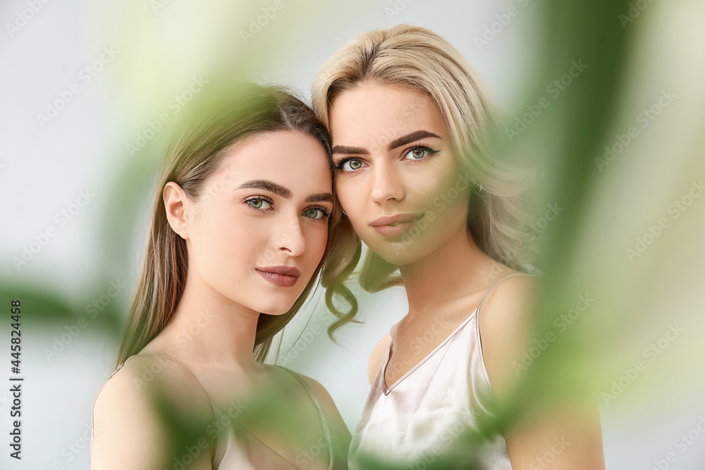 Beautiful young sisters on light background Beautiful young sisters on light background
