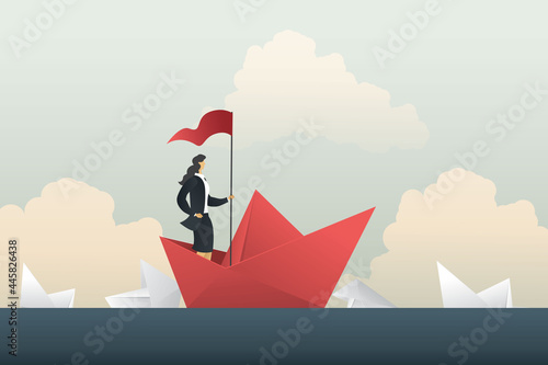 Leader businesswoman driving boats find to success in crisis.