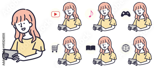 サブスク　スマホを見る女性　シンプルイラストセット