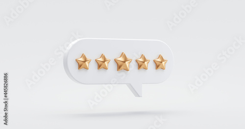 Five gold star rate review customer experience quality service excellent feedback concept on best rating satisfaction background with flat design ranking icon symbol. 3D rendering. photo