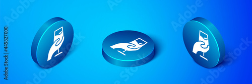 Isometric Wine tasting, degustation icon isolated on blue background. Sommelier. Smells of wine. Blue circle button. Vector