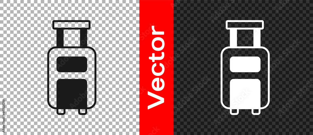 Black Suitcase for travel icon isolated on transparent background. Traveling baggage sign. Travel luggage icon. Vector Black Suitcase for travel icon isolated on transparent background. Traveling baggage sign. Travel luggage icon. Vector