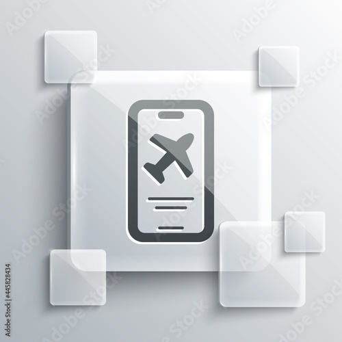 Grey Smartphone with electronic boarding pass airline ticket icon isolated on grey background. Passenger plane mobile ticket for web and app. Square glass panels. Vector