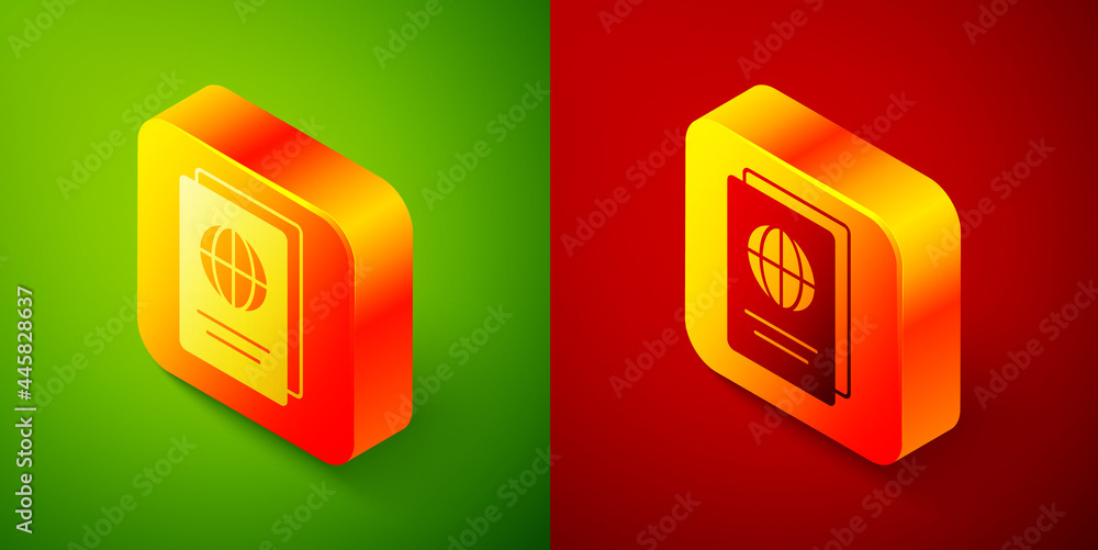Isometric Passport with biometric data icon isolated on green and red background. Identification document. Square button. Vector Isometric Passport with biometric data icon isolated on green and red background. Identification document. Square button. Vector