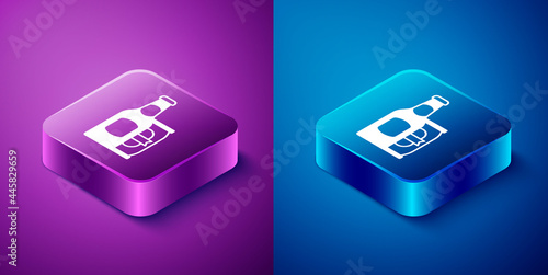Isometric Beer bottle and beer can icon isolated on blue and purple background. Square button. Vector