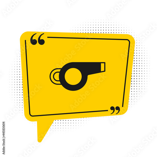 Black Whistle icon isolated on white background. Referee symbol. Fitness and sport sign. Yellow speech bubble symbol. Vector