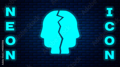 Glowing neon Bipolar disorder icon isolated on brick wall background. Vector