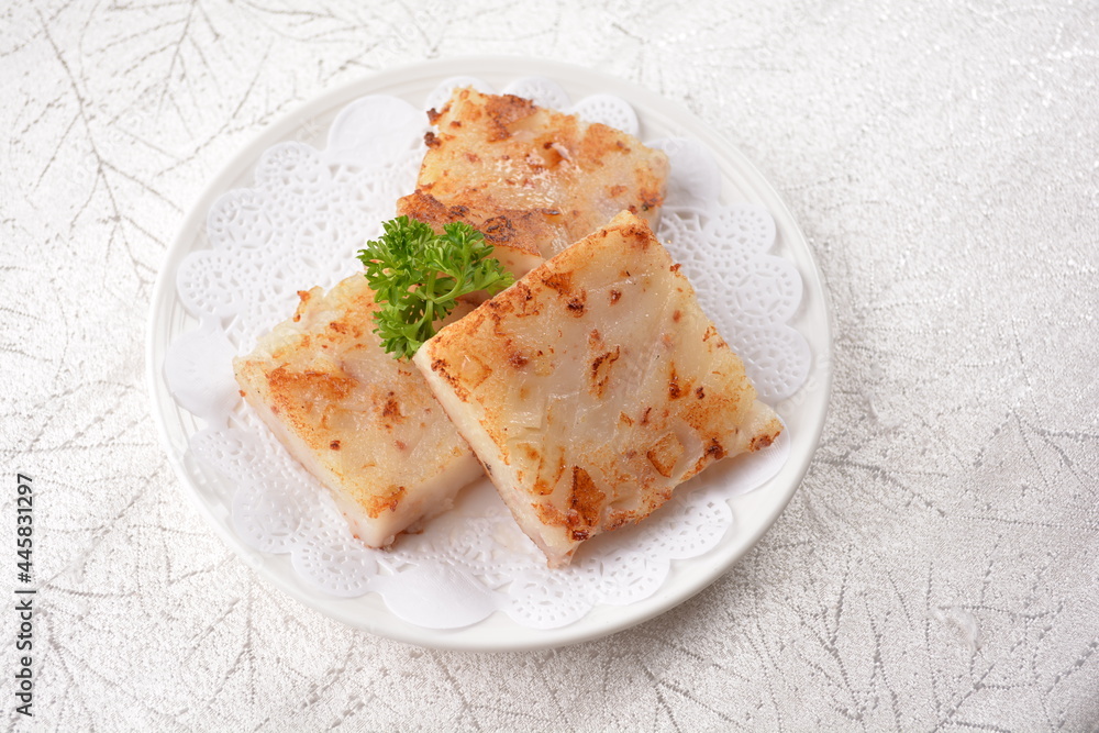 deep fried carrot cake in square shape asian pastry Hong Kong dim sum menu
