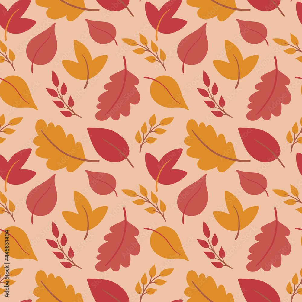 Cute autumn seamless pattern background with colorful falling leaves. Vector backdrop in simple hand drawn style for fall design, Thanksgiving