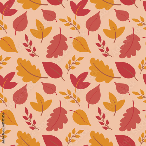 Cute autumn seamless pattern background with colorful falling leaves. Vector backdrop in simple hand drawn style for fall design, Thanksgiving