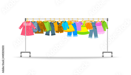 Kids clothes on long rolling hanger rack. Little boys and girls garments hanging on store hanger stand. Flat cartoon vector illustration. Graphic element for sale banner