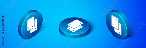 Isometric Knee pads icon isolated on blue background. Extreme sport. Skateboarding, bicycle, roller skating protective gear. Blue circle button. Vector