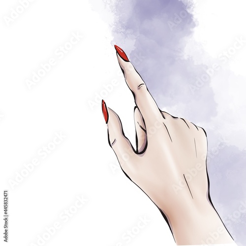Digital illustration - a woman's hand with a red manicure, and an outstretched index finger with a copy of the space. Close-up
