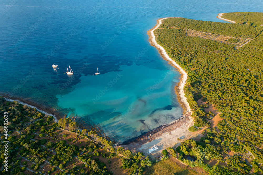 Aerial view of the Parzine beach  on Ilovik island, Croatia