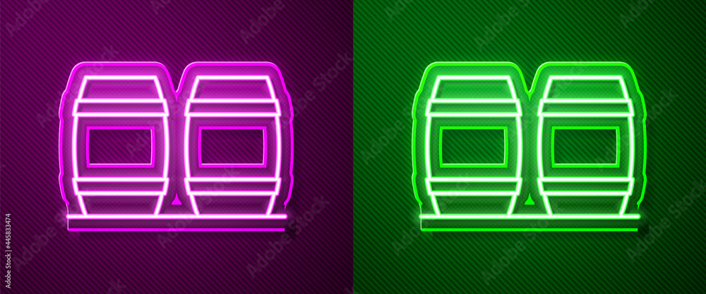 Glowing neon line Wooden barrel for wine icon isolated on purple and green background. Vector Glowing neon line Wooden barrel for wine icon isolated on purple and green background. Vector