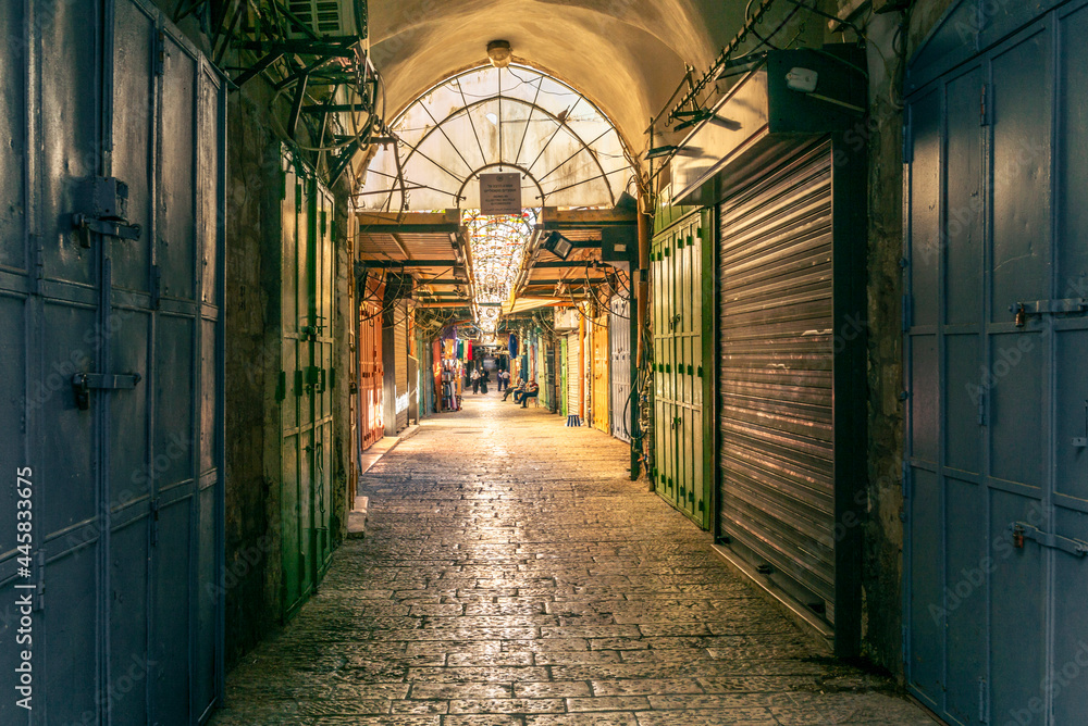Shops closed in Jerusalem old city market without tourists for the coronavirus lockdown