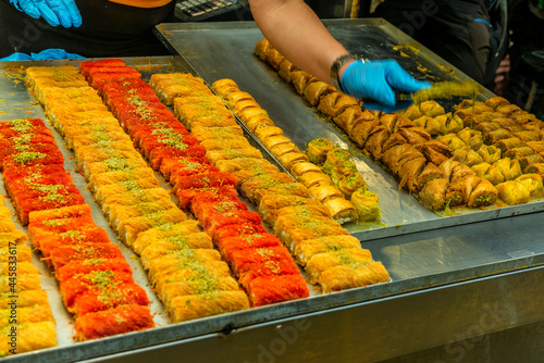 Market stall selling tipical Palestinian filo pastry (called 