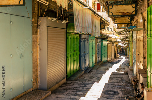 Shops closed in Jerusalem old city market without tourists for the coronavirus lockdown photo