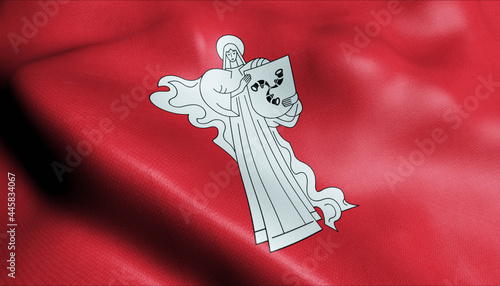 3D Waving Belarus City Flag of Zhodzina Closeup View photo