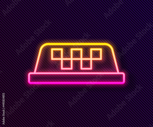 Glowing neon line Taxi car roof icon isolated on black background. Vector