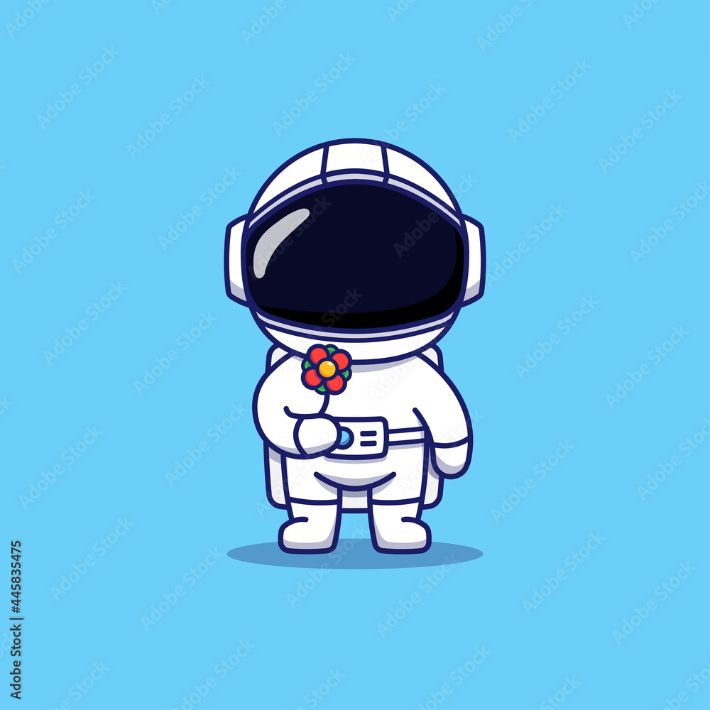 Cute astronaut carrying red flower
