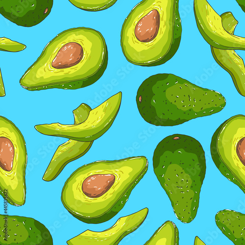 Healthy food. Ripe sliced avocado. Seamless background with pattern.