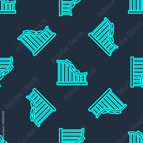 Green line Roller coaster icon isolated seamless pattern on blue background. Amusement park. Childrens entertainment playground, recreation park. Vector