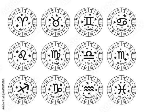 Set of 12 Zodiac signs with titles. The signs Aries, Taurus, Gemini, Cancer, Leo, Virgo, Libra, Scorpio, Aquarius, Sagittarius, Capricorn, Pisces. Black vector illustration in circles of Zodiac signs